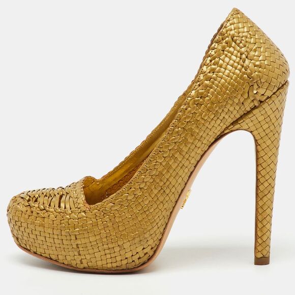 Prada Metallic Gold Woven Leather Madras Platform Pumps Size 38,New Products : American Fashion Style Bags On Sale